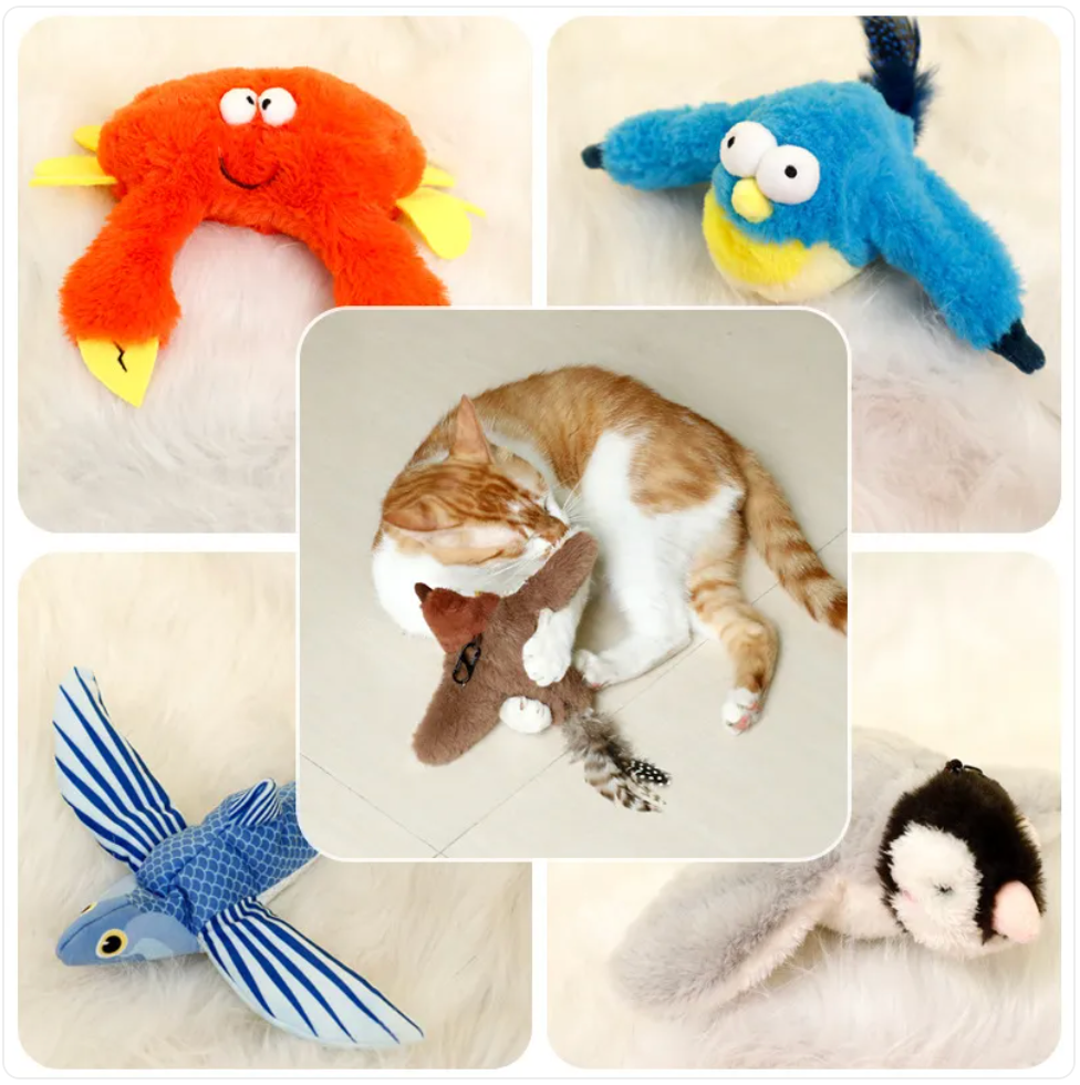 Interactive Plush Pet Toy – Moving & Sound-Activated Jumping Fish / Flapping Bird Toy