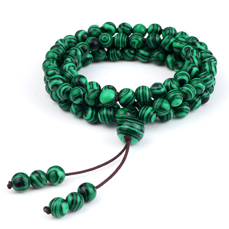 Men’s Natural Stone Beaded Necklace – 108 Mala Beads (Malachite Style)
