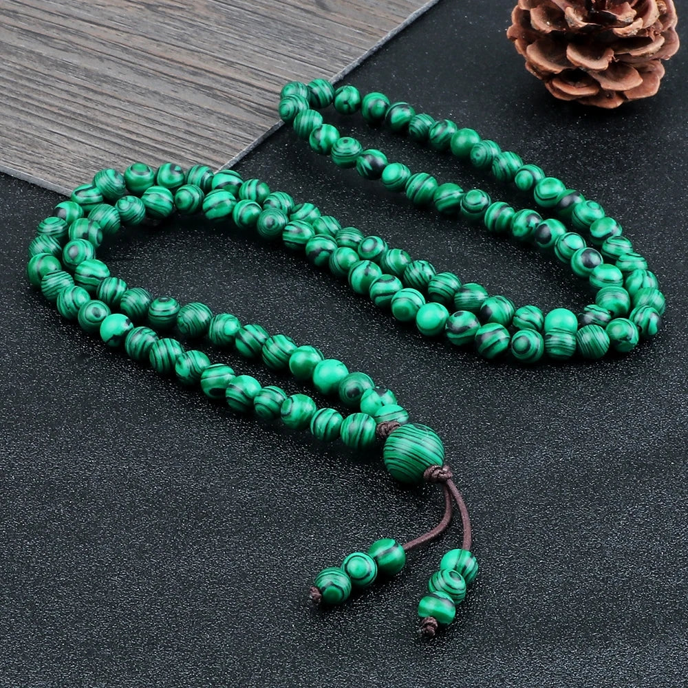 Men’s Natural Stone Beaded Necklace – 108 Mala Beads (Malachite Style)